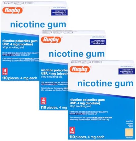 Rugby Polacrilex 4mg Nicotine Gum, Original Flavor, 110 Count (1-Pack) | Sugar-Free Stop Smoking Aid, Helps Reduce Nicotine Cravings and Withdrawal Symptoms, 12-week Schedule