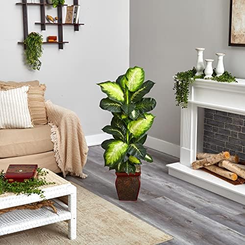 Nearly Natural 45 in Artificial Golden Dieffenbachia with Decorative Pot | Lush Variegated Leaves, Faux Greenery in Decorative Planter