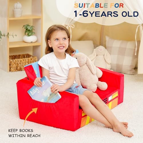 MallBest Kids Sofas Children's Sofa Bed Baby's Upholstered Couch Sleepover Chair Flipout Open Recliner(Red/Fire Truck)