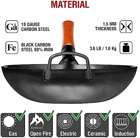 YOSUKATA 13.5" Pre-Seasoned Flat Bottom Black Carbon Steel Wok for Stir Fry