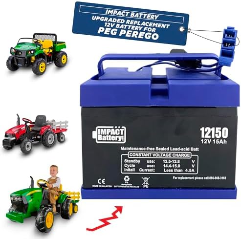 Impact 12V 15 Amp Battery Upgrade for Peg Perego John Deere Tractor Ride-on-Toys | Gator and Gauncho | Replace 12-Volt 12 Ah for Kids Tractor