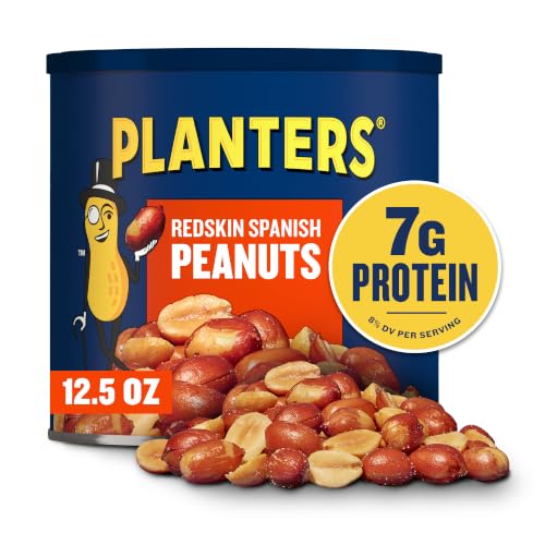 PLANTERS Salted Redskin Spanish Peanuts, Plant Based Protein, 12.5 Oz (6ct) | Roasted Salted Nuts. Crisp texture. Resealable Canister. Snacks for Adults. Party Mix, Party Snacks