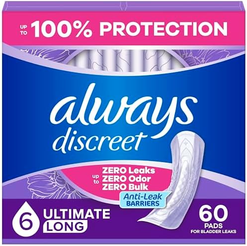 Always Discreet Adult Incontinence Pads for Women, Drier, 6 Drop Long Length, Extra Heavy Absorbency, Pads for Bladder Control Management, Bladder Leaks, & Postpartum Pads, 45ct