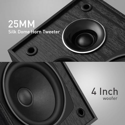 Elimavi Passive Bookshelf Speakers, Requires a Receiver or Amplifier, Brown | 2-Way Design with 4" Woofer & 1" Silk Horn Tweeter, 60Hz Bass, Rear Speakers for Home Theater Surround Sound, Cables included