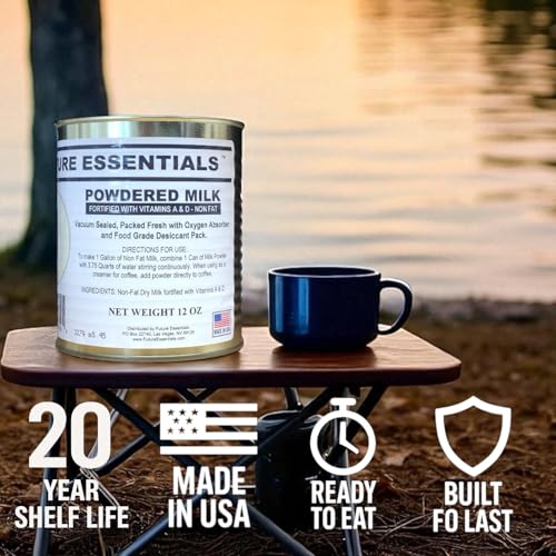 Future Essentials Canned Instant Nonfat Dry Milk Powder – 20-Year Shelf Life Non Fat Dry Powdered Milk with Vitamins A & D – Ideal for Emergency