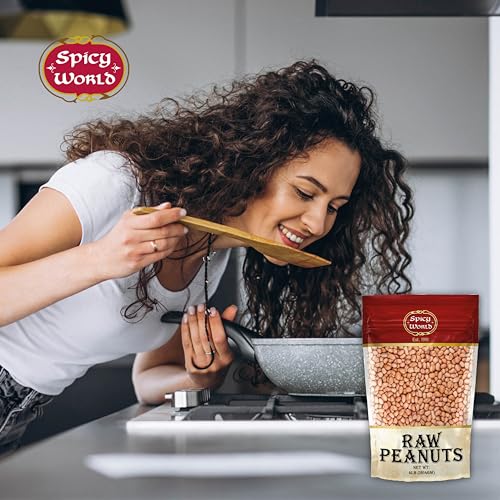 Spicy World Peanuts Raw Whole With Skin 4 LB Jumbo Bag (64oz) | Uncooked, Unsalted, All Natural, USA Grown Red Skin Spanish Grade