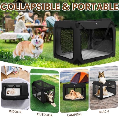 X-ZONE PET Dog Crate 3-Door Kennel, Collapsible Portable Soft Sided Pet Carriers for Indoor & Outdoor, Multiple (32-Inch, Carbon Black)