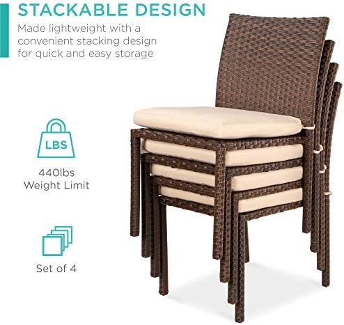 Best Choice Products Set of 4 Stackable Outdoor Patio Wicker Chairs w/Cushions, UV-Resistant Finish, and Steel Frame - Brown/Red