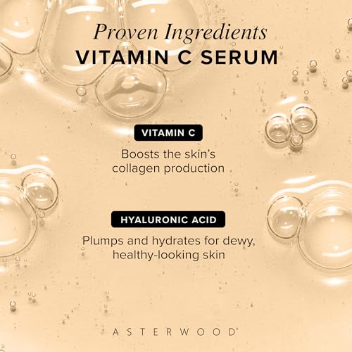 Asterwood Vitamin C Serum for Face with Hyaluronic Acid 1 Fl Oz | Stable Vitamin C (MAP) & Vegan Hyaluronic Acid, Supports More Even Complexion & Collagen Production, Fragrance-Free