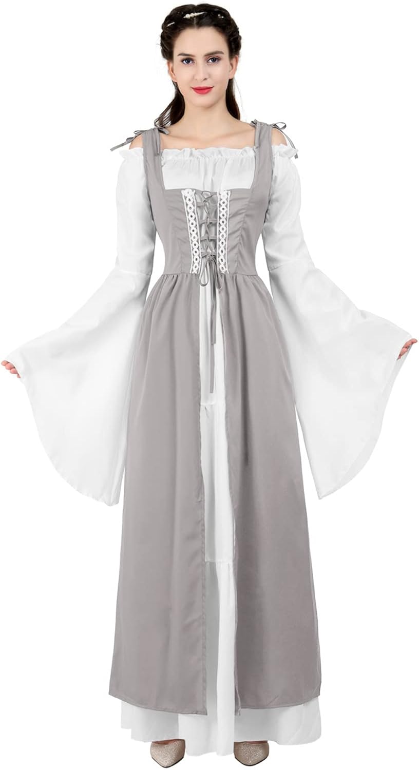 Kranchungel Renaissance Costume Women Dress: Flowy Long Sleeve Medieval Dress for Renaissance Faires & Medieval Festival