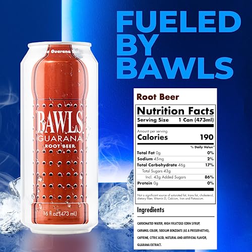BAWLS Guarana Root Beer - Guarana Fueled Soda for Energy, High Caffeinated Drink, 12 Pack 16oz Cans