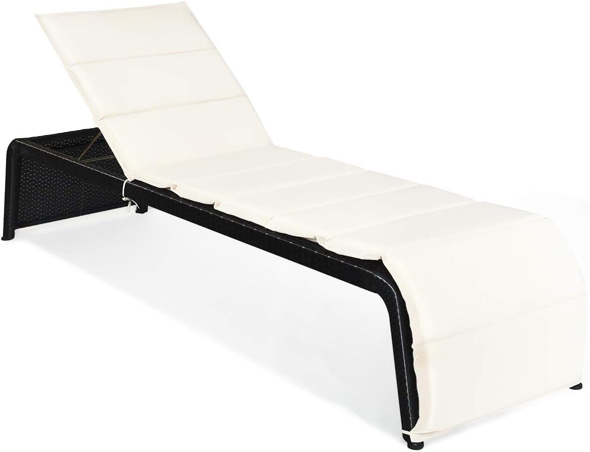 Tangkula Outdoor Chaise Lounge Chair, 5-Position Adjustable Rattan Recliner Chair w/Cushioned Seating and Adjustable Feet
