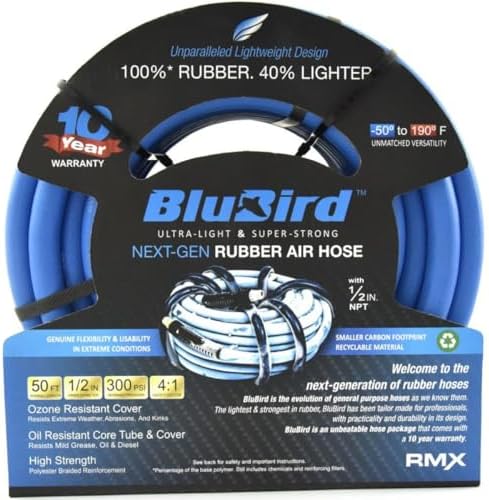 BLUBIRD BB1250 1/2" x 50' Rubber Air Hose, 100% Rubber, Lightest, Strongest, Most Flexible, 300 PSI, 50F to 190F Degrees, Ozone Resistant, High Strength Polyester Braided