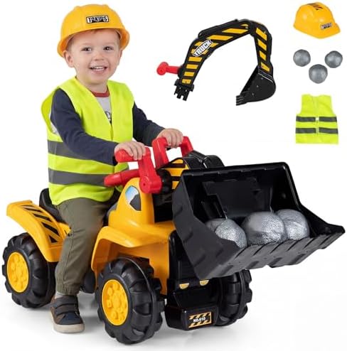 Costzon Ride on Excavator, Ride on Construction Vehicles w/Helmet, 3 Toy Stones, Realistic Sound, Adjustable Bucket & Under Seat Storage, Bulldozer Ride on Toy Gift for Kids Boys & Girls