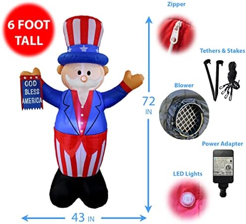 6 Foot Tall Patriotic Independence Day 4th of July Inflatable Uncle Sam | God Bless America Flag, Pre-Lit LED Lights, Outdoor Indoor
