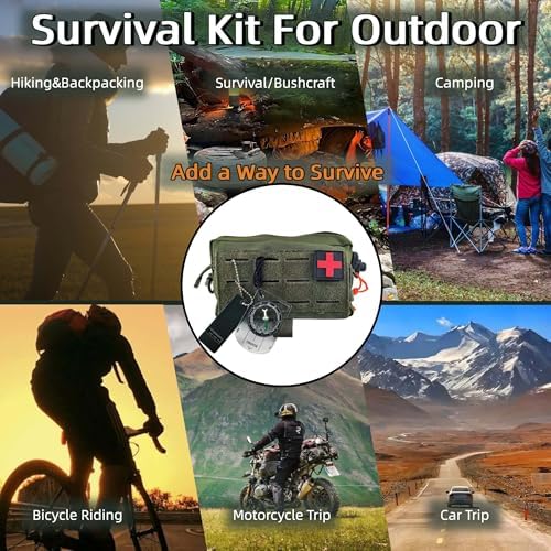 Camping Survival Kit, All in One Outdoor Emergency Gear with Knife, Fire Starter, Fishing Kit, Water Pouch & Compass for Hiking Backpacking Bushcraft Gift for Him