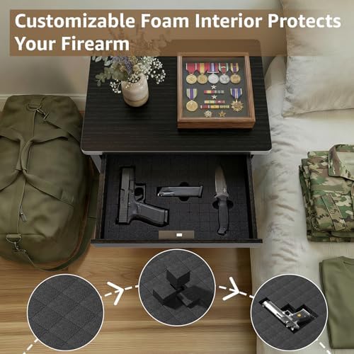 Black Nightstand with Gun Drawer for Bedroom - Modern 3 Drawers Night Stand Gun Safe for Handgun Bed Side Table with Storage Hidden Compartment