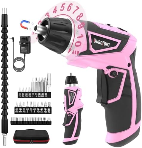 Cordless Electric Screwdriver Set, 8V 10Nm Rechargeable Power Electric Drill, Battery Screw Gun with Driver Bit, 320RPM/10+1 Torque, 2 Position Handle, Flexible Shaft LED Light (Red, 28Pcs)