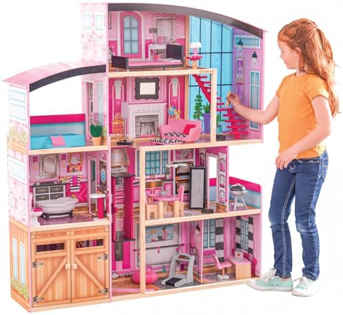 KidKraft Wooden Dollhouse Shimmer Mansion for 12" Dolls | Over 4 Feet Tall, Garage, For 12-Inch Dolls, DIY Pink Doll House, Gift for Ages 3+