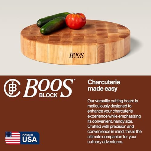 John Boos CCB Series Round Wooden Maple Cutting Board 18”x18” – 3” Thick, 22-lb Non-Reversible Butcher Block with End-Grain – Made in the USA