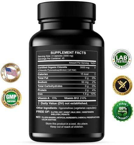 Chlorella Capsules 3000 mg - Cracked Cell Wall Blue Green Algae Supplement - Best Natural Detox Cleanse - Plant Vitamins Minerals Chlorophyll Vegan