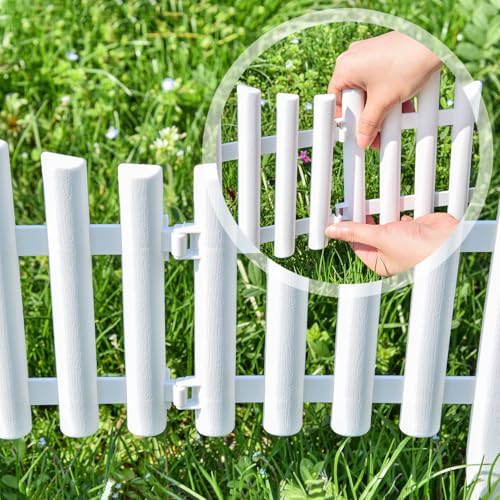 Sungmor Lightweight & Flexible Plastic White Edging Garden Picket Fence, Pack of 4 (One Piece L:24in, W:0.3in, H:13in) Above Ground Height 9.5in