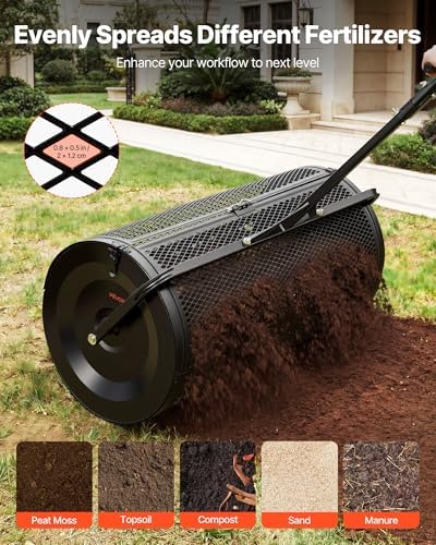 VEVOR Compost Spreader, 36" Wide Peat Moss Spreader with Push/Tow Handle, 4 Heights Adjustable, Powder-Coated Steel Garden Peat Moss Roller, Heavy Duty Grass Seed Roller for Planting Seeding, Black