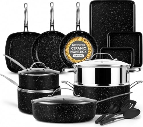 GRANITESTONE 20 Pc Complete Pots and Pans Set Non Stick Cookware Set with Saute Pan, Bakeware, Steamer, Cooking Utensils, Made Without PFOA PFOS