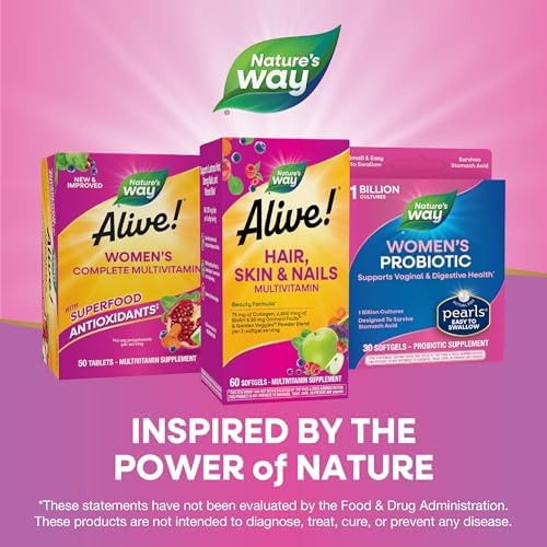 Nature's Way Alive! Hair, Skin and Nails Multivitamin, with Collagen, 60 ct | 75 mg Collagen and 2, 500 mcg Biotin per 2-Softgel Serving