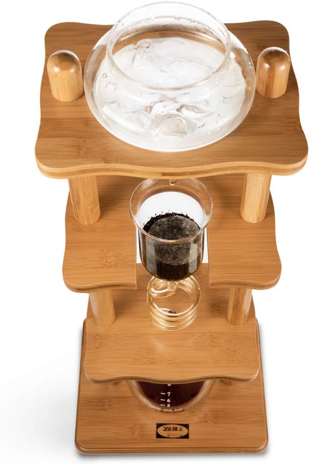Yama Cold Brew Maker I Ice Coffee Machine With Slow Drip Technology I Makes 6-8 cups (32oz), Large Capacity Cold Brew Coffee Tower, Brown Wood Curved Frame