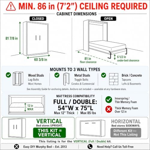 Queen Size Murphy Bed Hardware Kit — Vertical Wall Bed Frame | DIY Murphy Bed Kit with Gas Pistons + 3 Step-by-Step Guides | Made in North America | Hideaway Bed Mechanism