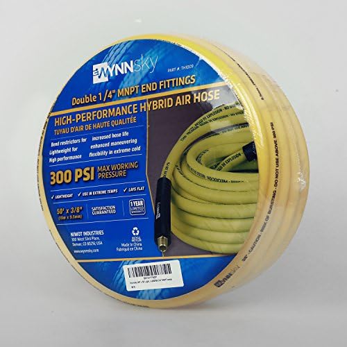 3/8" Hybrid Air Hose 50ft 1/4" MNPT Air Compressor Hose Heavy Duty Lightweight Hybrid and Bend Restrictor Fittings