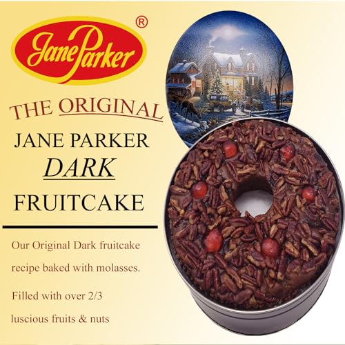 Jane Parker Fruitcake Dark Fruit Cake 3 Pound (48 Ounce) Ring in a Collectible Holiday Tin (Colors may vary) -Holiday Cake-Christmas Cake-The Best