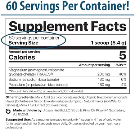Jigsaw Health MagSoothe | Fast-Acting, Calming Magnesium Glycinate Powder Supplement | Raspberry Lemonade Flavor | 60 Servings (Jar)