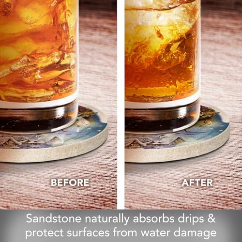 Thirstystone Santa’s Sleigh Natural Sandstone Coaster 4 Pack Eco-Friendly, Absorbent, Easily Wipes Clean | 4" Diameter, Manufactured in the USA