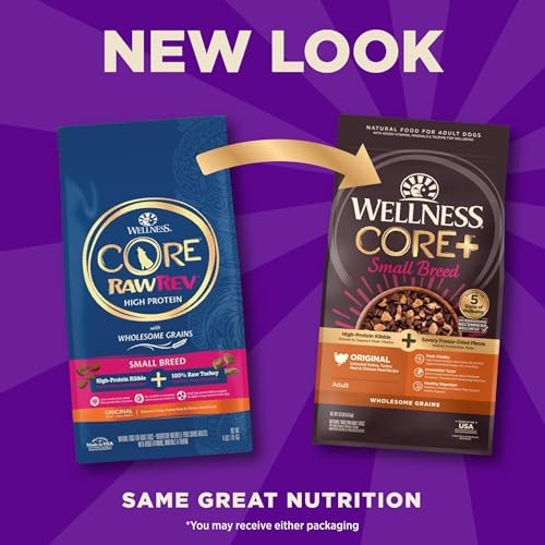 Wellness CORE+ Small Breed Adult Dry Dog Food with Freeze Dried Pieces, Wholesome Grain Kibble+, Natural, High Protein, Turkey and Chicken Recipe, 4 lb Bag