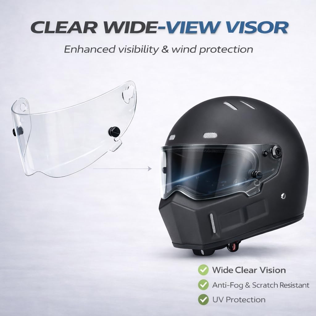 CRG Sports Retro Full Face Motorcycle Helmet, DOT Approved Fiberglass Street Bike Helmet with Clear Visor, Lightweight Cafe Racer Cruiser Motorcycle Helmet