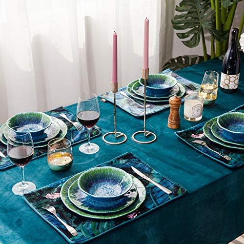 Melamine Dinnerware Set 12 PCS Teal Turquoise Tableware Plates Bowls Blue Green Dishwasher Safe Not Microware Not Oven