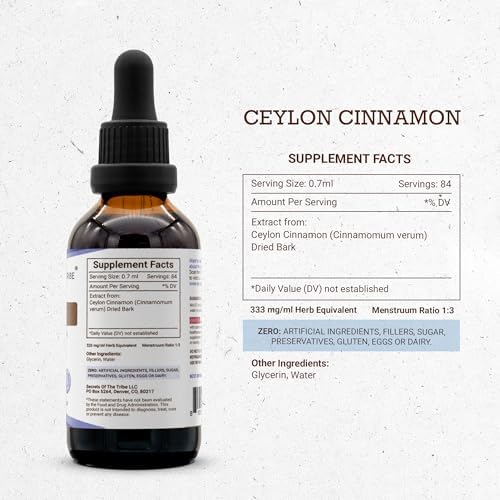 Secrets of the Tribe Ceylon Cinnamon Tincture Alcohol-Free Liquid Extract, Ceylon Cinnamon (Cinnamomum Verum) Dried Bark (2 FL OZ)