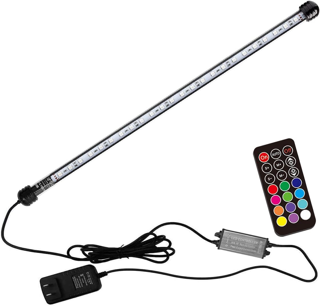 15 inches LED Aquarium Light, 2.5W Fish Tank Light Underwater Light Submersible Crystal Glass Lights, 21 LED Beads 12 Colors 19 Modes Brightness Adjustable Memory Function IP68 Waterproof