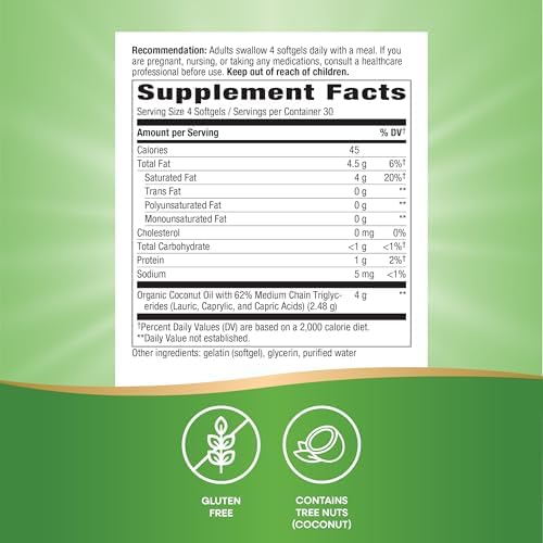 Nature's Way Coconut Oil Softgels, 4, 000 mg Coconut Oil per Serving, 120 ct | 62% MCTs(1), Hexane-Free, Gluten-Free