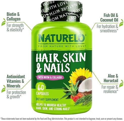 NATURELO Hair, Skin and Nails Vitamins - Biotin, Collagen - 60 Capsules | 5000 mcg, natural vitamin E, healthy skin
