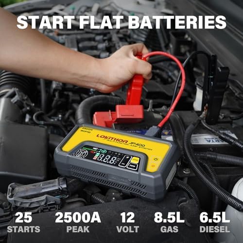 LOKITHOR JP400 Jump Starter with Air Compressor for 8.5L Gas/6.5L Diesel | 2500A 12V Portable Jumper Starter for Car, 150PSI Tire Inflator, 300 Lumen LED Light, Power Bank, ConnectMax, Jumper Cables