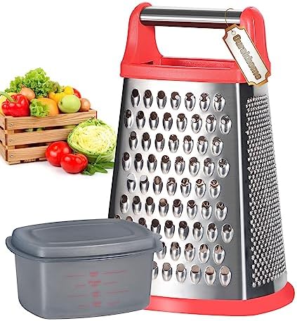 Ourokhome Cheese Grater with Handle, Stainless Steel Box Grater, 4 Side Kitchen Vegetable Shredder Slicer Zester with Container for Parmesan, Cabbage