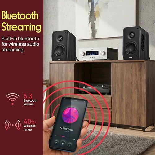 Pyle Powered Bookshelf Speaker System with Bluetooth, 80W Active Stereo Speakers, Bass Reflex Natural Wood Cabinet, Hi Def ARC, Optical, Coax, Subwoofer Out, for Entertainment, Studio (Pair)