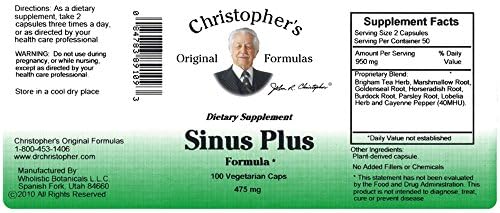 Christopher's Original Formulas Sinus Plus, Sinus Support Capsules, Whole Herb Synergistic Blend, 100 Count