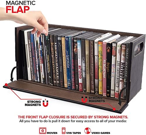 Stock Your Home DVD Storage Box, Movie Shelf Organizer for Blu-Ray, Video Game Cases, CDs, VHS Tape Display Stand, Disc Holder Can Store Up to 28 DVDs, Faux Leather (Espresso)