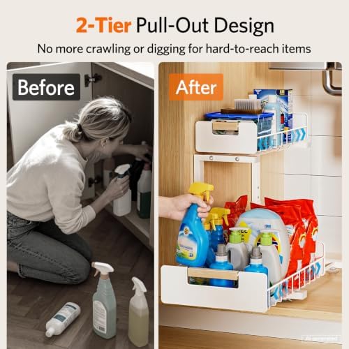Delamu Under Sink Organizer Kitchen, 2-Tier Pull-Out Cabinet Shelf, 2-Pack | 2-Tier Smooth Slide, 5 Adjustable Heights, Anti-Tip Suction Cups