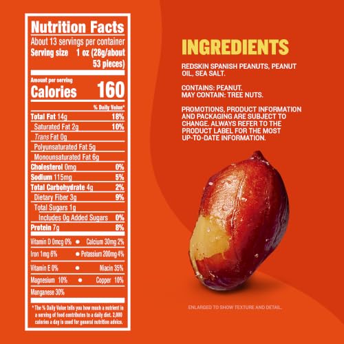 PLANTERS Salted Redskin Spanish Peanuts, Plant Based Protein, 12.5 Oz (6ct) | Roasted Salted Nuts. Crisp texture. Resealable Canister. Snacks for Adults. Party Mix, Party Snacks