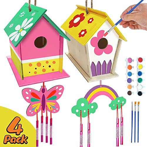 4 Pack DIY Bird House Wind Chime Kit for Crafts for Kids Ages 4-8